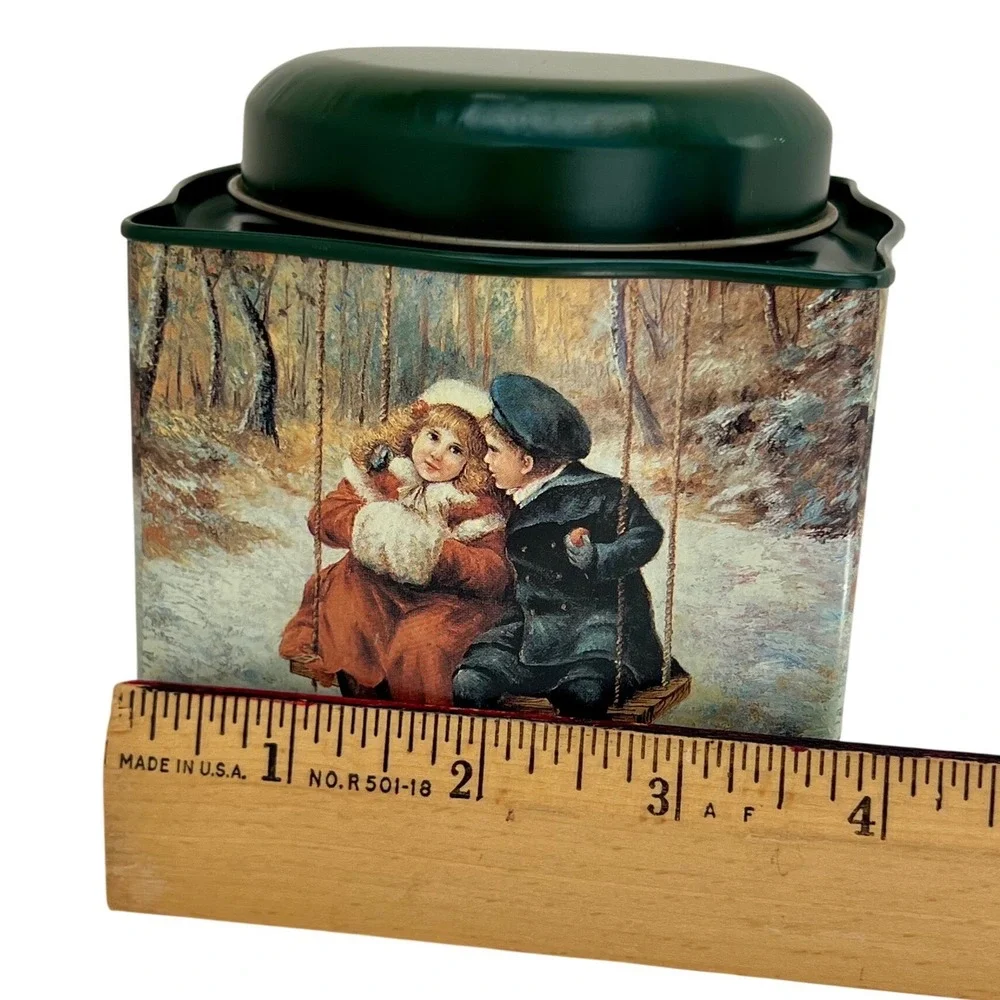 Christmas Tin Victorian‎ Winter Woods Scene Children on Swing Vintage Holiday